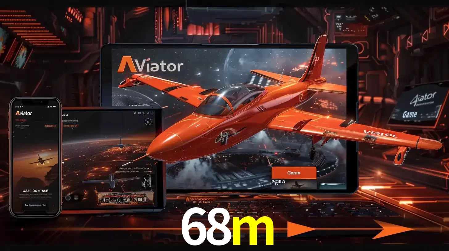 Apresentação tecnológica do jogo Aviator com um avião saindo da tela de um tablet, demonstrando a experiência imersiva em múltiplos dispositivos no 68m.