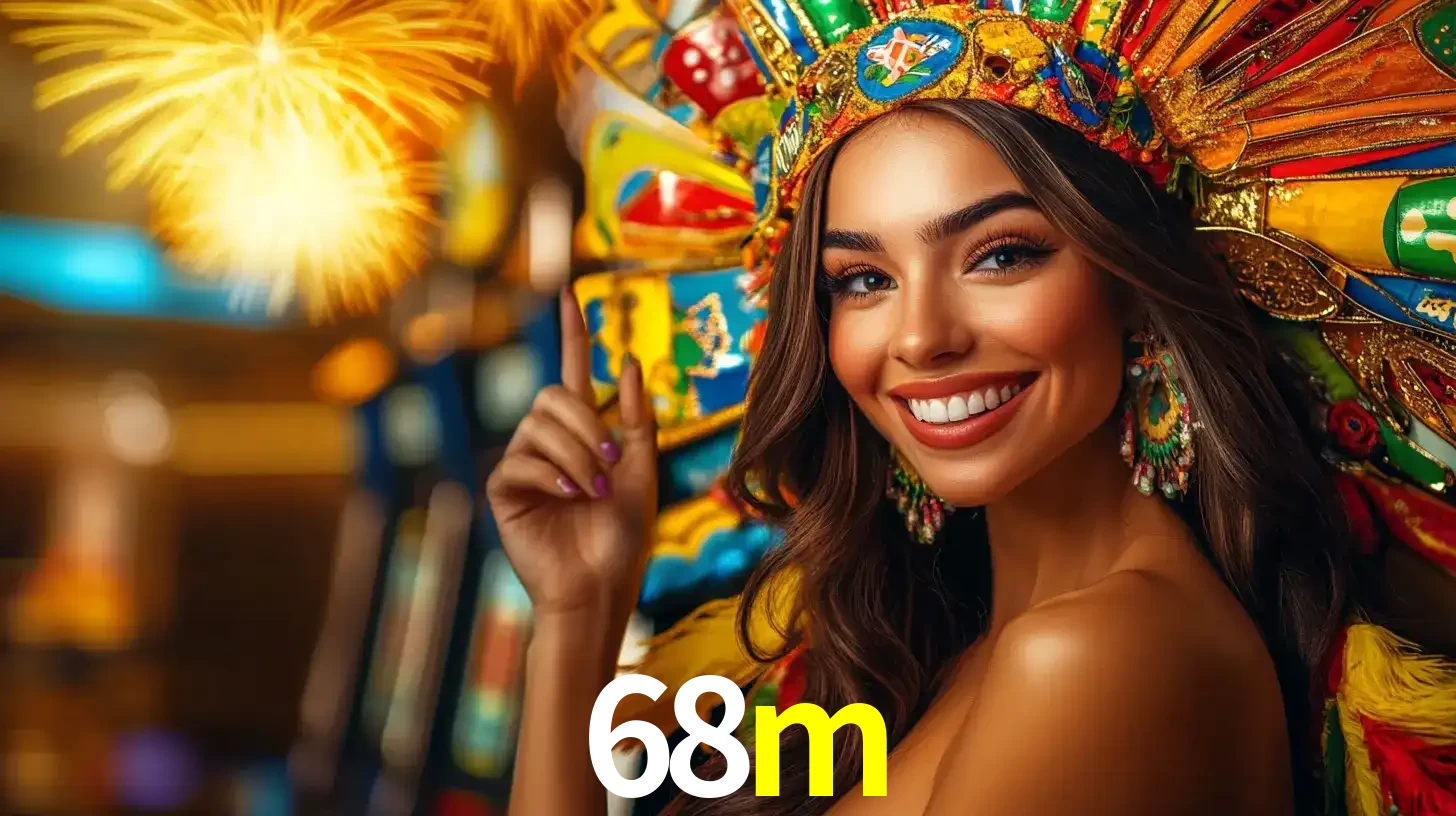 Mulher sorridente com um cocar de carnaval vibrante e colorido, celebrando uma grande vitória nos jogos do cassino 68m com fogos de artifício ao fundo.