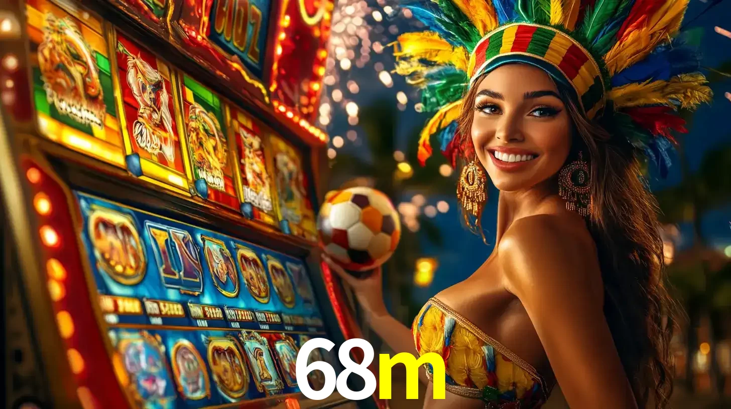 Mulher com um cocar de carnaval ao lado de uma máquina de caça-níqueis enquanto segura uma bola de futebol, mostrando a união da diversão de cassino e esportes no 68m.