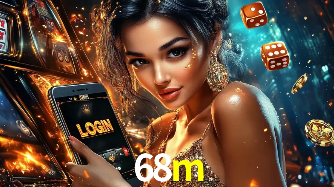 Mulher glamourosa segurando um celular com a tela de login do cassino 68m, rodeada por dados e moedas douradas, pronta para começar a diversão.