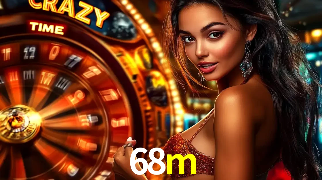 Mulher ao lado da roda de prêmios do jogo de cassino ao vivo Crazy Time, um dos shows de jogos mais emocionantes oferecidos pela plataforma de apostas 68m.