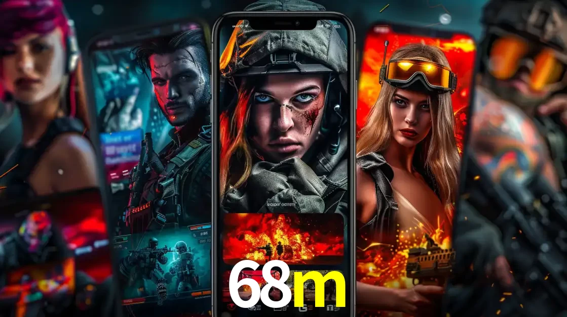 Montagem de telas de celular mostrando diversos personagens, masculinos e femininos, de um jogo de tiro, ilustrando a diversidade de equipes de e-sports para apostar no 68m.