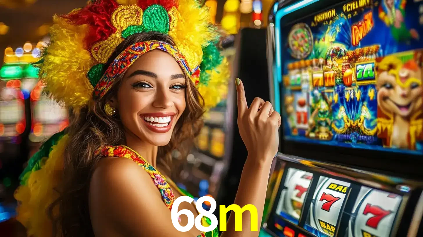 Mulher animada com um cocar de carnaval apontando para uma máquina de caça-níqueis, mostrando a emoção de ganhar um grande prêmio nos jogos do 68m.
