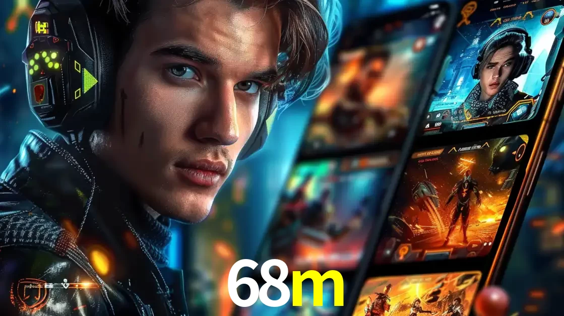 Jovem jogador com fones de ouvido olhando para a câmera, com um aplicativo de jogos e e-sports para celular ao fundo, pronto para a competição e apostas no 68m.