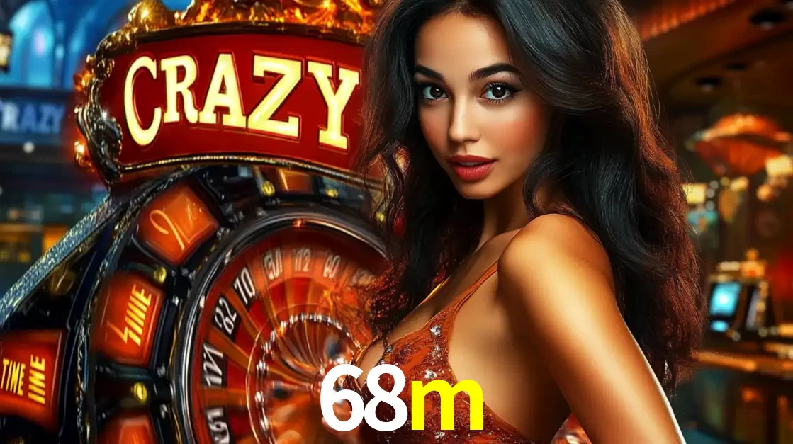 Mulher glamourosa olhando para a câmera com a roda vermelha do Crazy Time ao fundo em um ambiente de cassino, destacando a emoção dos jogos ao vivo no 68m.