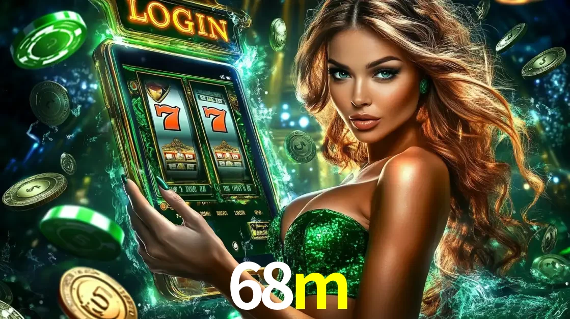 Mulher com tema verde apresentando o aplicativo do cassino 68m com um jogo de slot de 777, cercada por fichas de cassino e uma aura de sorte.