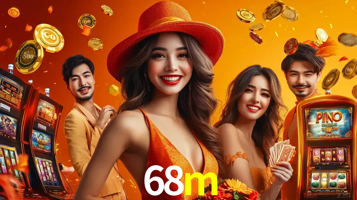 Grupo de amigos asiáticos sorrindo e se divertindo com máquinas de caça-níqueis em um ambiente festivo, celebrando suas vitórias nos jogos de cassino do 68m.