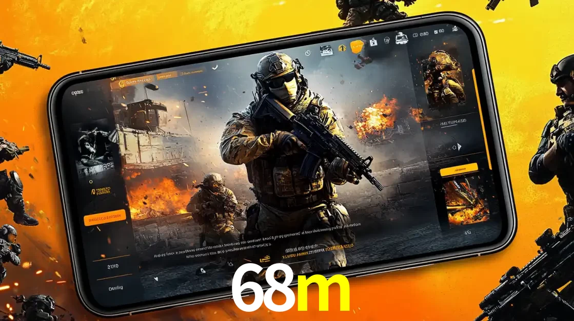 Um smartphone exibindo a interface de um jogo de tiro em primeira pessoa, com um soldado em um cenário de batalha, representando a ação dos e-sports para apostar no 68m.