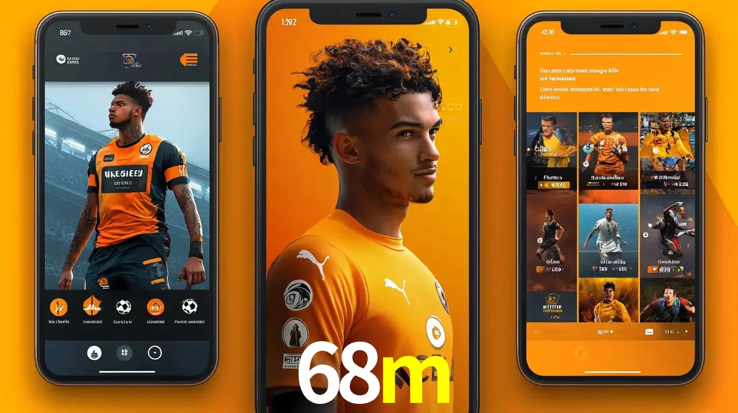 Interface do aplicativo de apostas esportivas 68m em três telas de celular, mostrando o perfil de um jogador de futebol e a lista de jogos disponíveis para apostar.