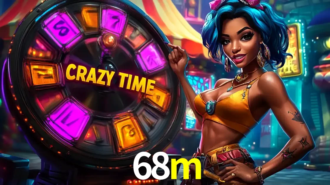 Mulher estilizada com cabelo azul e visual vibrante posando ao lado da roda de prêmios do game show Crazy Time, convidando para a diversão e os bônus do cassino 68m.