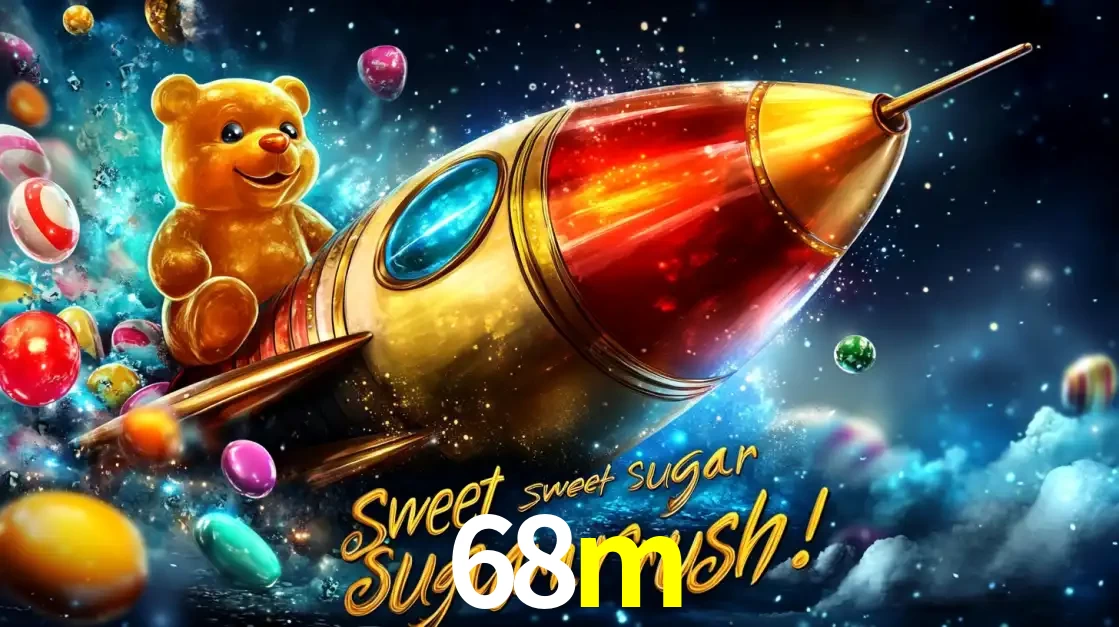 Arte promocional do jogo de slot Sugar Rush, com um urso de pelúcia em um foguete viajando pelo espaço de doces, um dos jogos divertidos disponíveis no cassino 68m.
