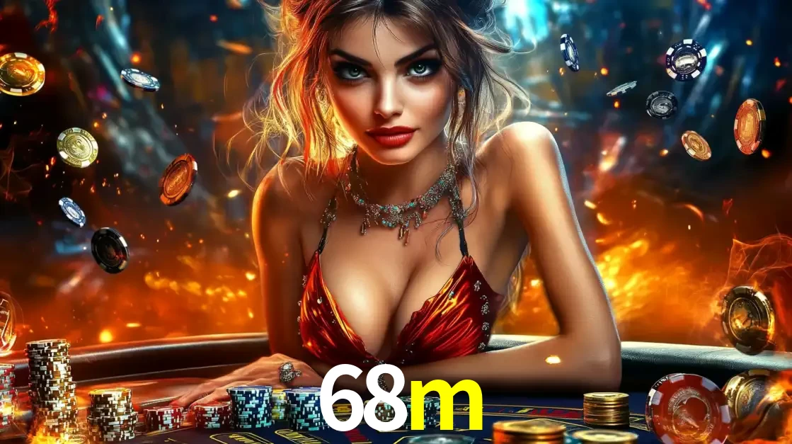 Mulher em uma mesa de cassino com pilhas de fichas e um fundo de fogo, pronta para uma rodada de altas apostas nos jogos de mesa emocionantes do cassino 68m.