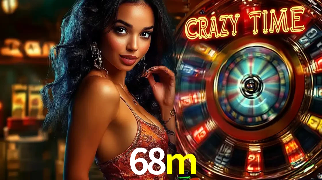 Mulher elegante ao lado da vibrante roda da fortuna do jogo de cassino ao vivo Crazy Time, um dos game shows mais populares e cheios de prêmios do 68m.
