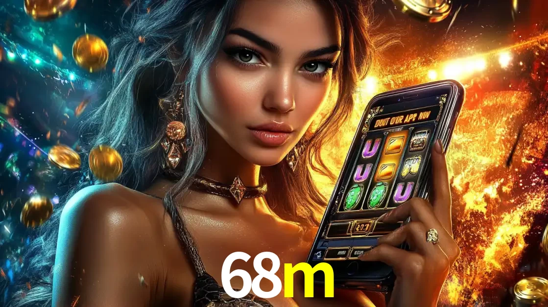 Mulher elegante mostrando um jogo de caça-níqueis em seu smartphone, destacando a experiência de cassino móvel oferecida pelo aplicativo 68m.