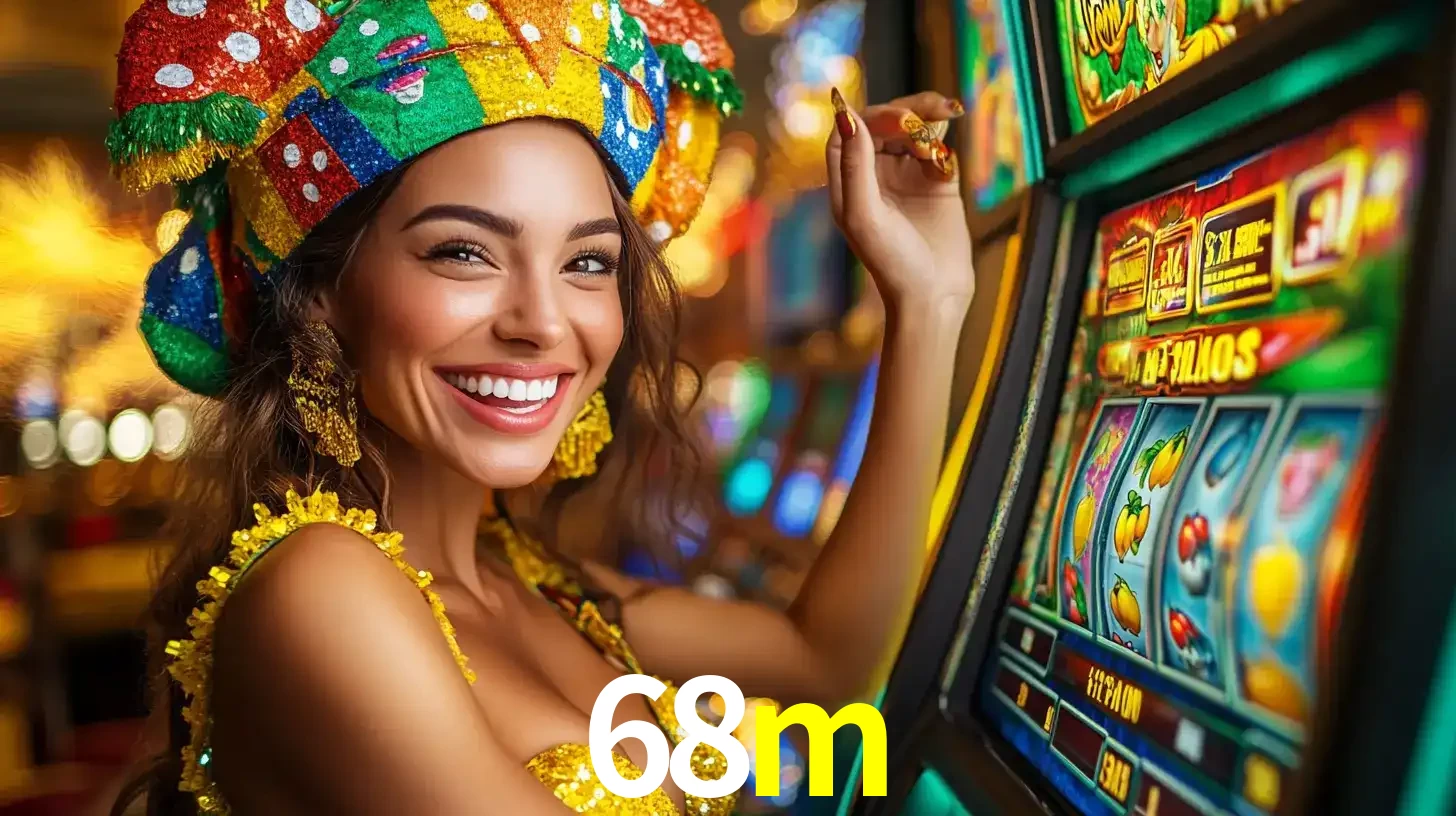 Mulher feliz com traje de carnaval amarelo e colorido ao lado de uma máquina de caça-níqueis, aproveitando a diversão e os jogos temáticos do cassino 68m.