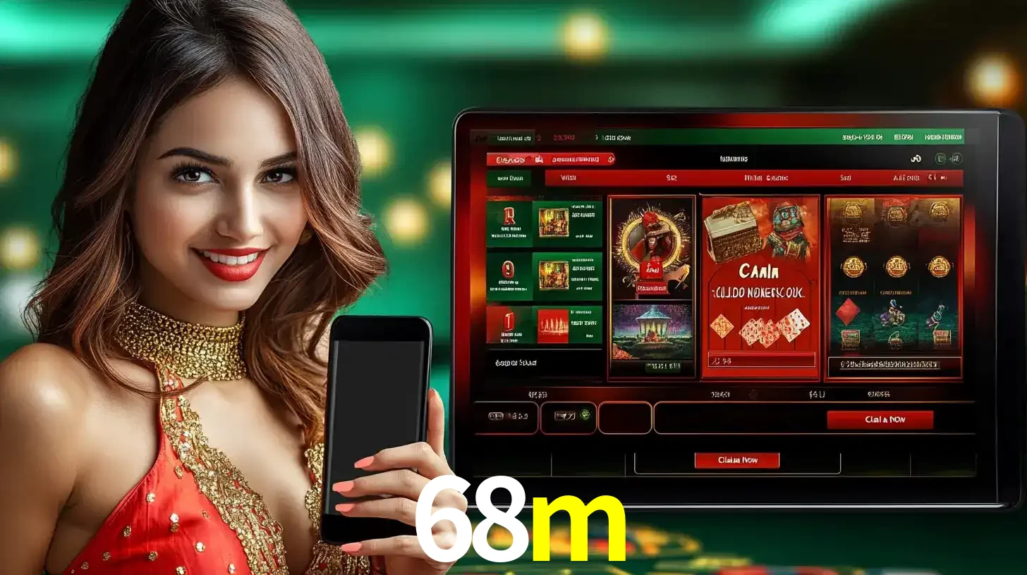 Mulher sorridente segurando um smartphone, ao lado de uma tela exibindo o lobby de jogos do cassino online 68m, com várias opções de jogos de cartas e slots.